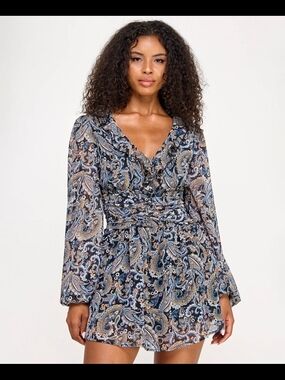 CITY STUDIOS
Juniors' Printed Long-sleeve Fit & Flare Dress In Blue XL NWT